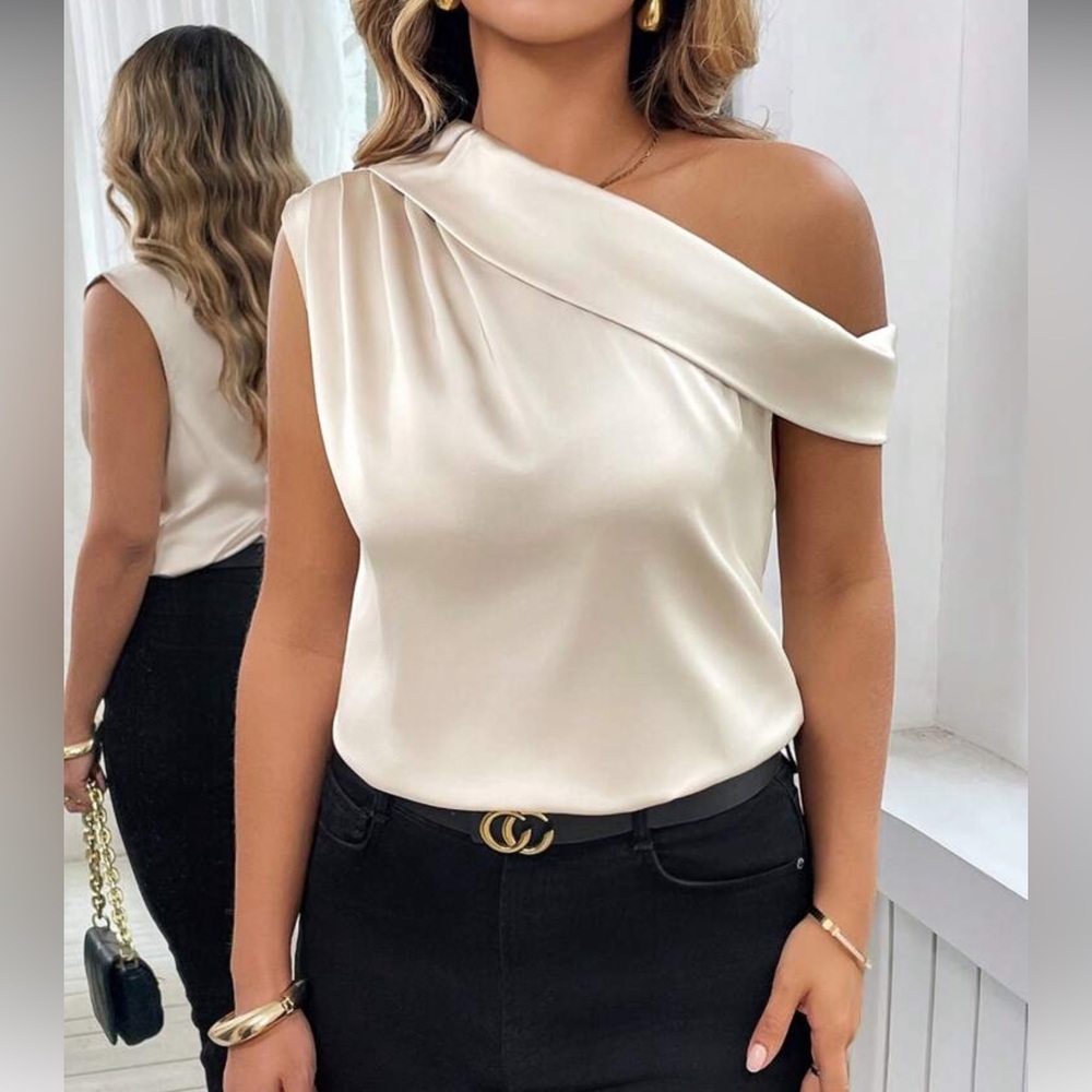 Off-Shoulder Cream Satin Blouse - Elegant Women’s Top - Picture 3 of 5